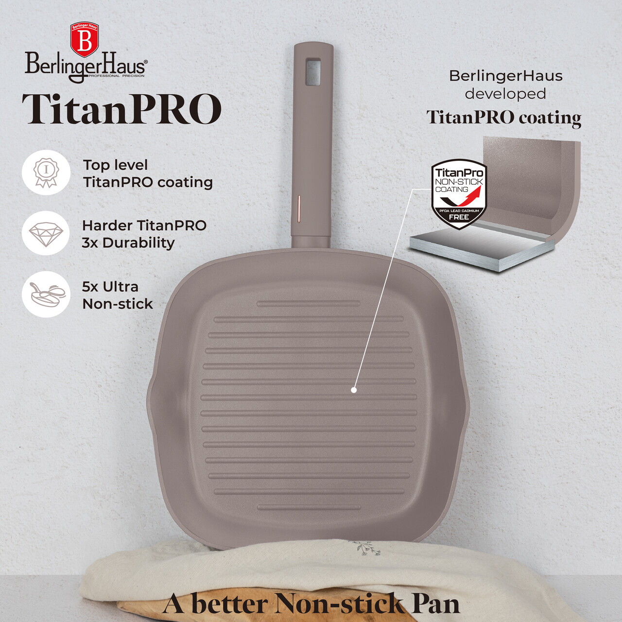Tigaie grill Berlinger Haus, Taupe, 28 cm, 2.1 L, aluminiu forjat, taupe mat - imagine 7