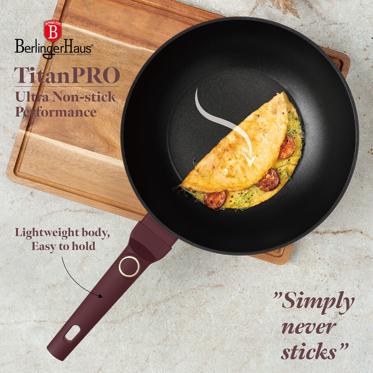 Tigaie Wok cu capac Berlinger Haus, Leonardo, 28 cm, 3.2 L, aluminiu forjat, visiniu mat - imagine 5
