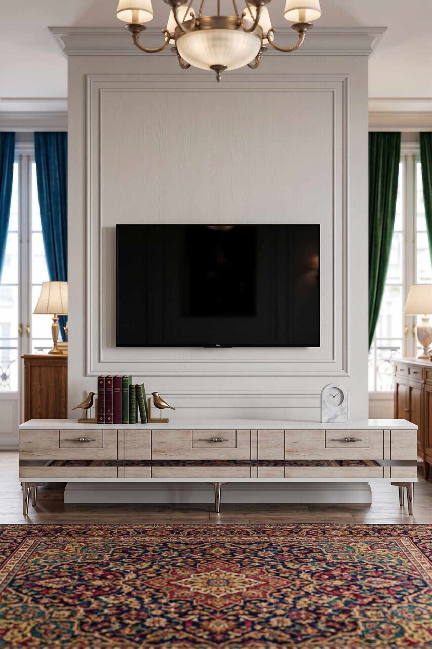 Comoda TV, Hanah Home, Ilay, 180x41x30 cm, White / Travertine / Silver — imaginea 2
