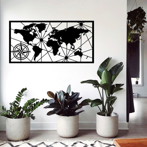 Decoratiune de perete, World Map Medium 2, Metal, 100 x 50 cm, Negru