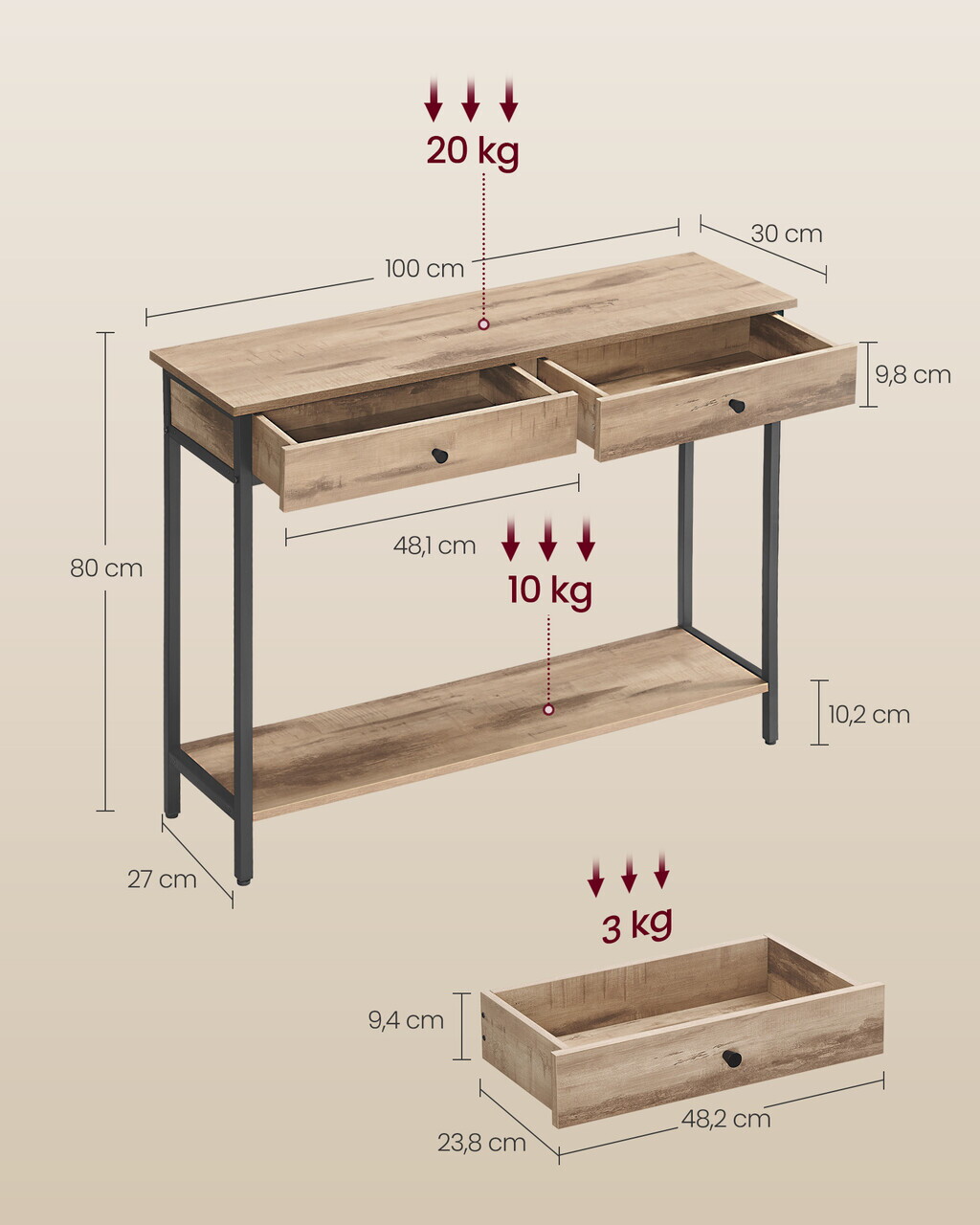 Consola cu 2 sertare, Vasagle, 100x30x80 cm, PAL/otel, camel/negru - imagine 5