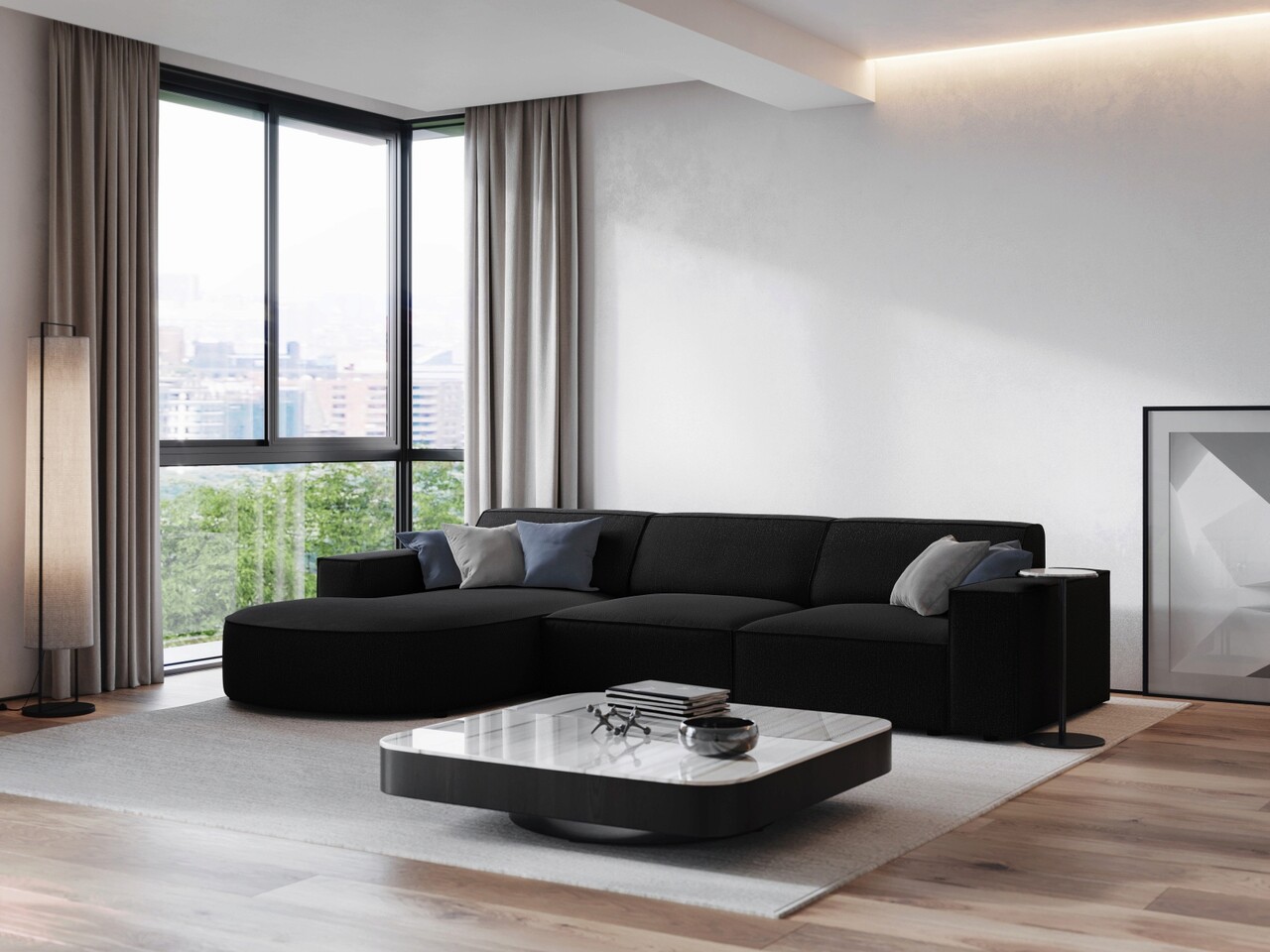 Coltar stanga 4 locuri, Jodie, Micadoni Home, BL, forma rotunjita, 284x166x70 cm, poliester, negru