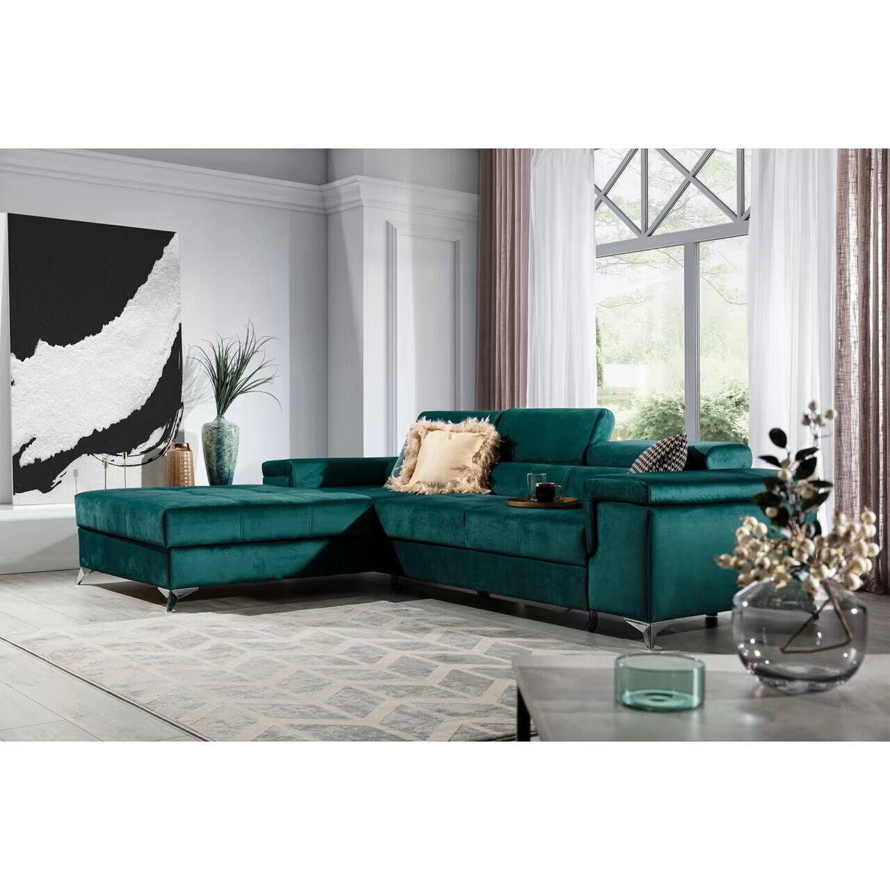 Coltar extensibil stanga 4 locuri ELTAP, Ric-45, Ricardo, 281x205x88 cm, lemn/poliester, verde inchis - view 2