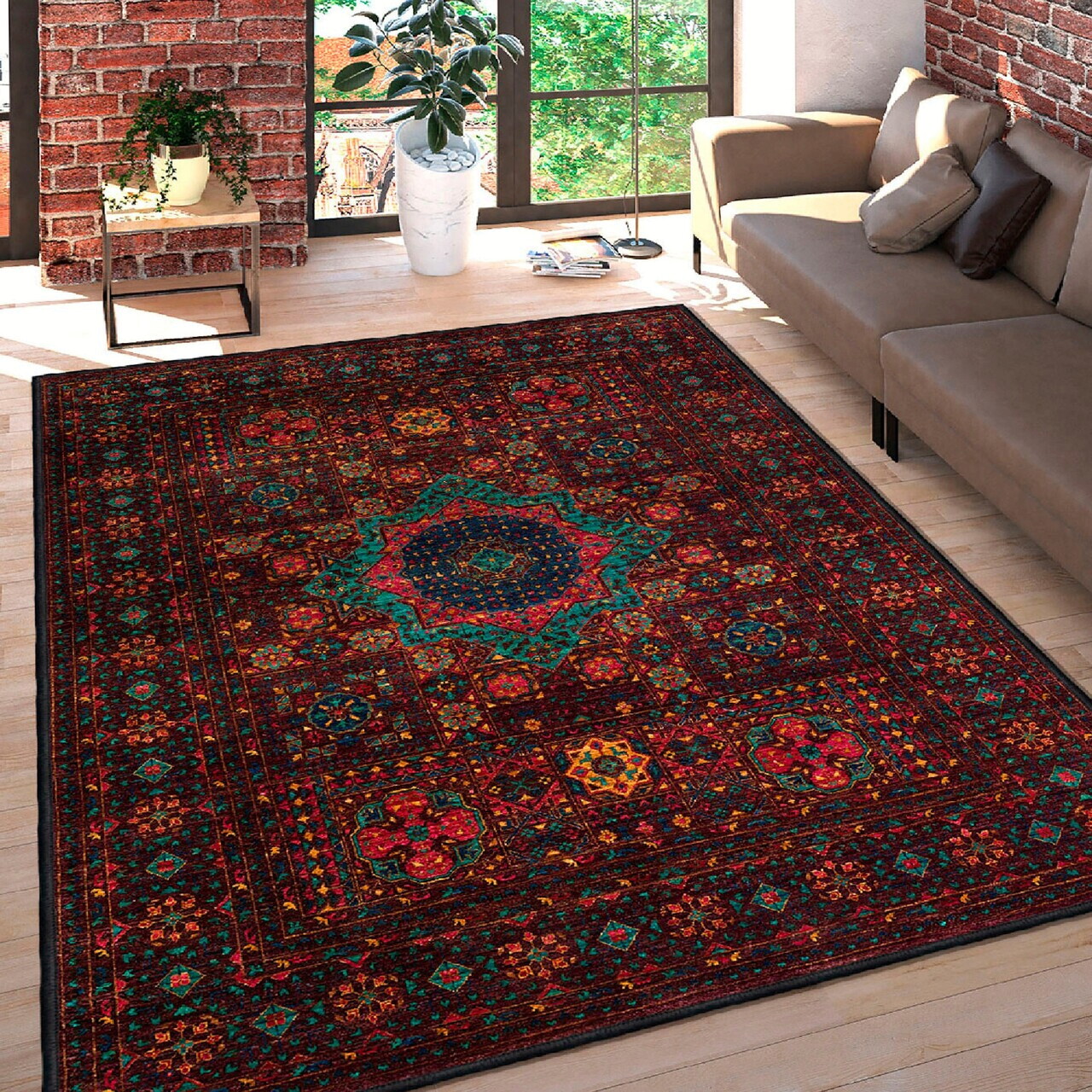 Covor Woosonıl072 180x280 cm Bumbac Roșu Claret / Cămilă / Verde