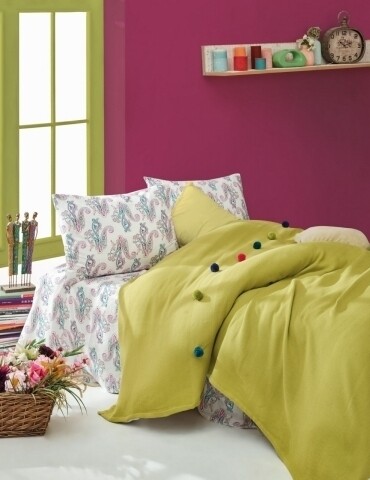 Set cuvertura de pat dubla, 3 piese, 100% bumbac ranforce, Cotton Box, Cotton Box, Fancy Green