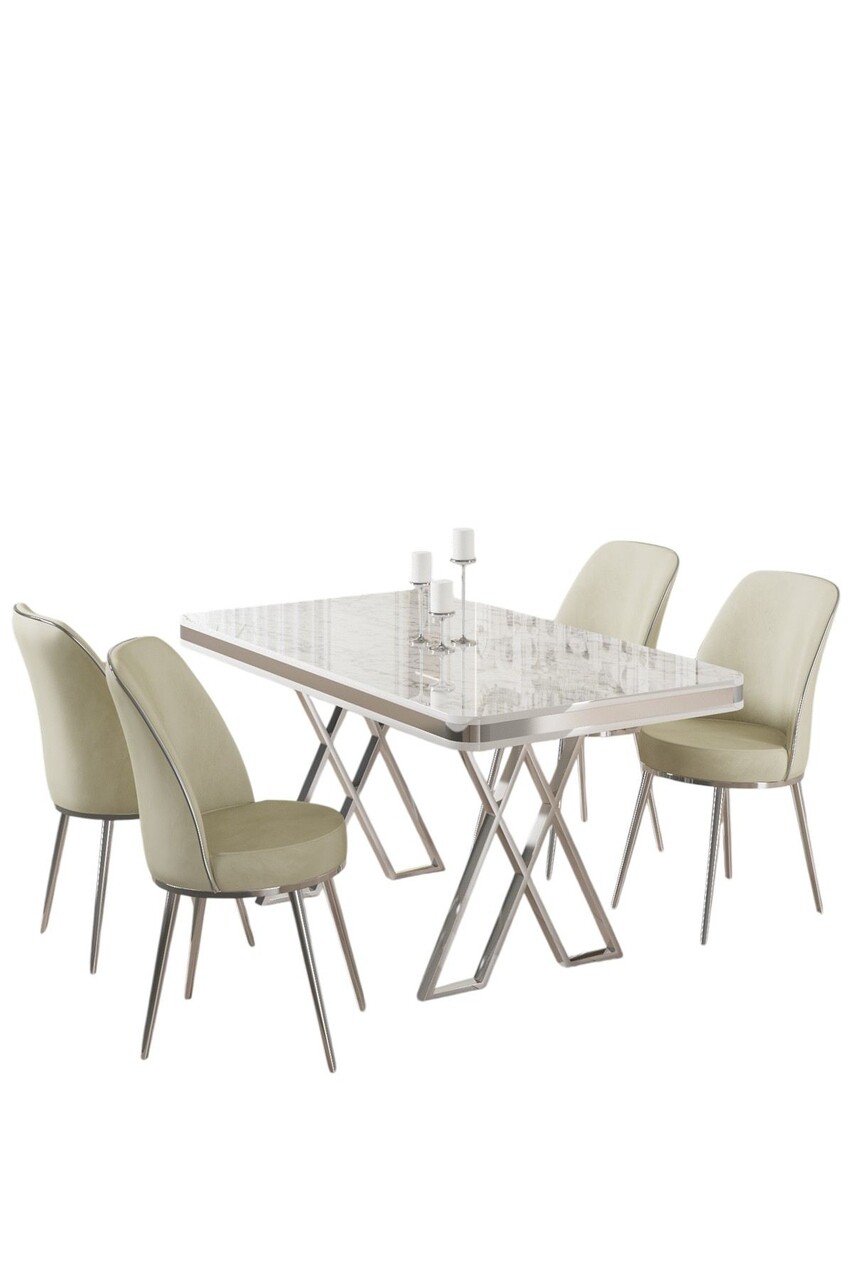 Set masă și scaune (5 bucăți), Hanah Home, Vals, Alb / Crom / Crem - imagine 2