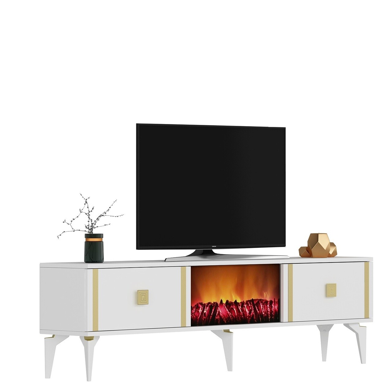 Comoda TV, Olivia, Doruk Fireplace, 150x44.6x29.6 cm, PAL , Alb/Auriu - 2 | YEO
