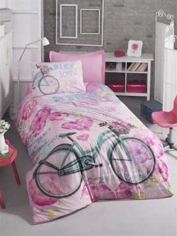 Lenjerie de pat pentru o persoana, 100% bumbac ranforce, 3 piese, Cotton Box, Bike Pink, multicolor