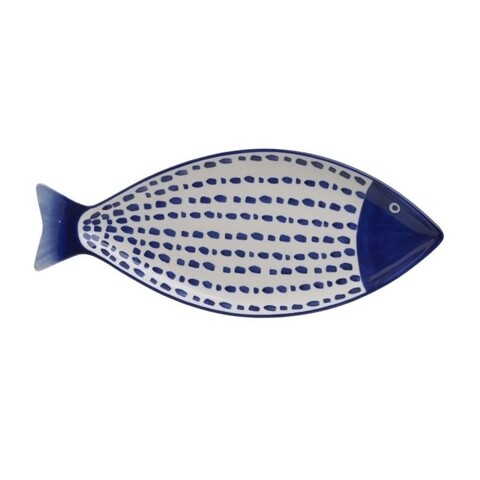 Platou pentru gustari Fish, InArt, 47x19.5x3 cm, ceramica, alb/albastru