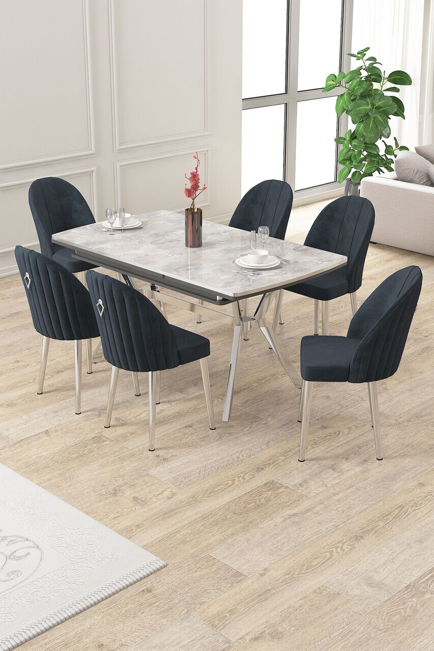 Set masa extensibila si scaune (7 piese), Hanah Home, Sim, Gri / Crom / Antracit
