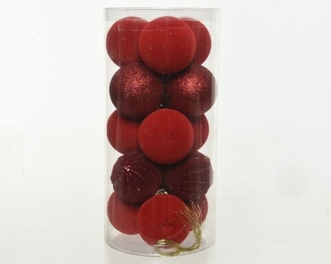Cutie cu 15 globuri asortate Bauble flock-glit, Decoris, plastic, rosu