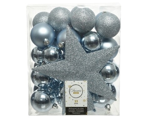 Cutie cu 33 globuri asortate si varf de brad Star Blue, Decoris, plastic, albastru deschis