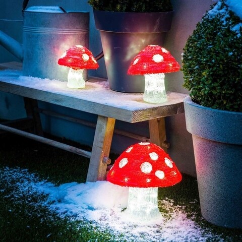 Set 3 decoratiuni luminoase pentru exterior Mushrooms, Lumineo, 16/20/32 LED-uri, rosu/alb 16/20/32