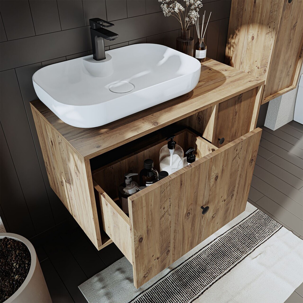 Dulap de baie cu chiuvetă, Hanah Home, 2563, 90x58x45 cm, MDF, Maro — imaginea 5