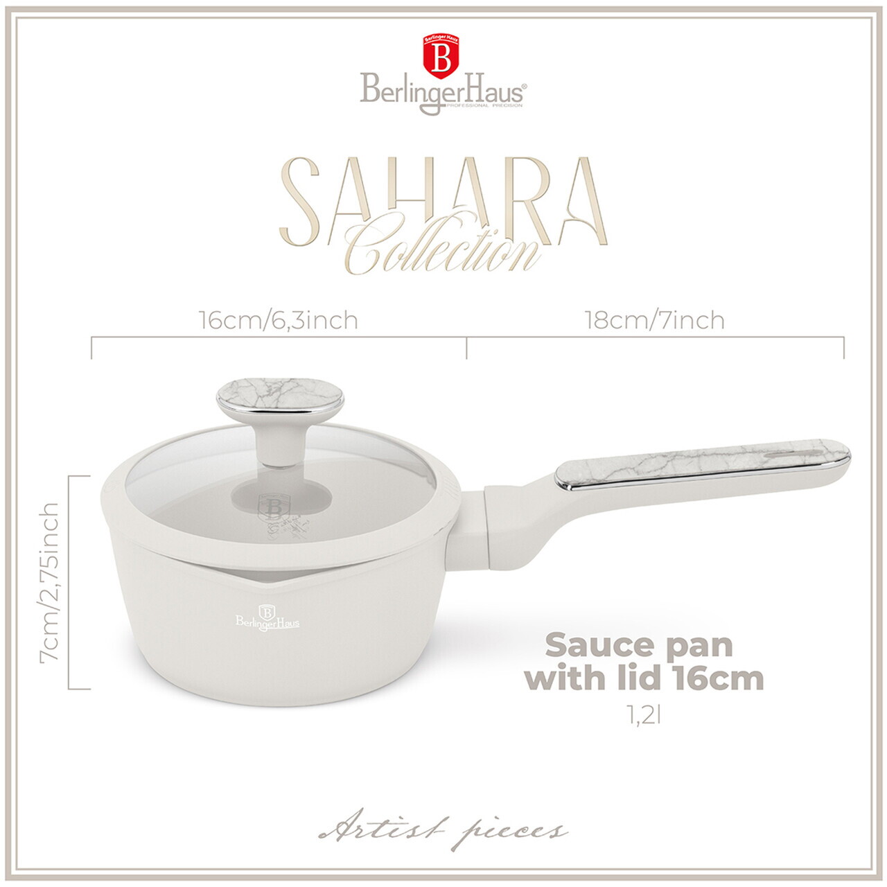 Cratita cu capac Berlinger Haus, Sahara Marble, 16 cm, 1.2 L, aluminiu forjat, crem mat/marmura - imagine 5