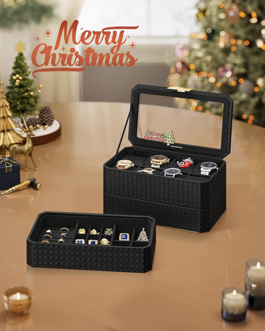 Cutie de ceasuri cu 3 niveluri Ronne, Songmics, 27.3x16.3x20.5 cm, 8 compartimente, piele ecologica/metal, negru/gri