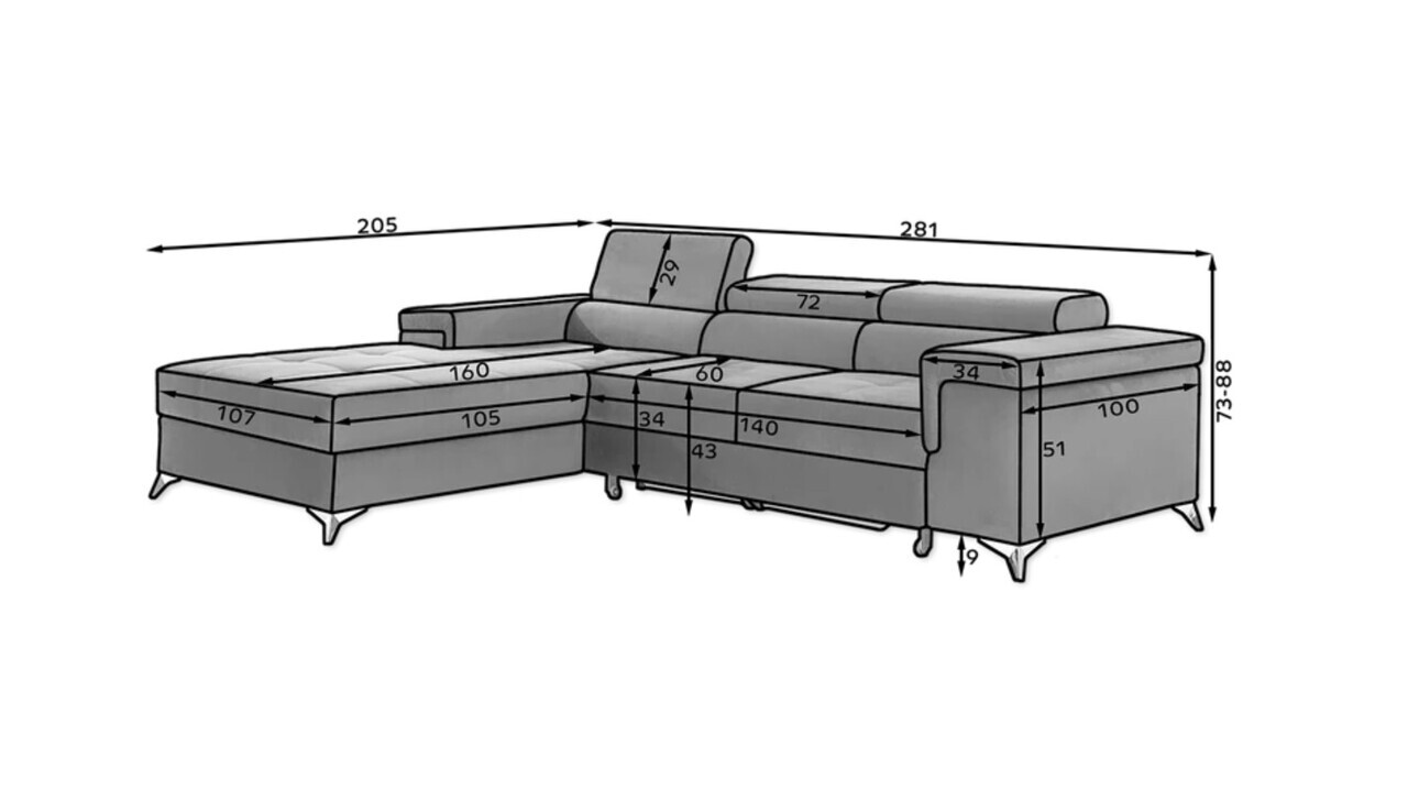 Coltar extensibil stanga 4 locuri ELTAP, Ric-06, Ricardo, 281x205x88 cm, lemn/poliester, gri inchis - view 7