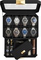 Cutie de ceasuri cu 2 niveluri si oglinda, Ronne, Songmics, 27.3x19.5x14.5 cm, 8 compartimente, piele ecologica/metal, negru