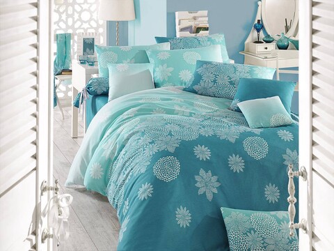 Lenjerie de pat dubla King (EU) Simay, Eponj Home, 3 piese, 260x220 cm, amestec bumbac, turcoaz