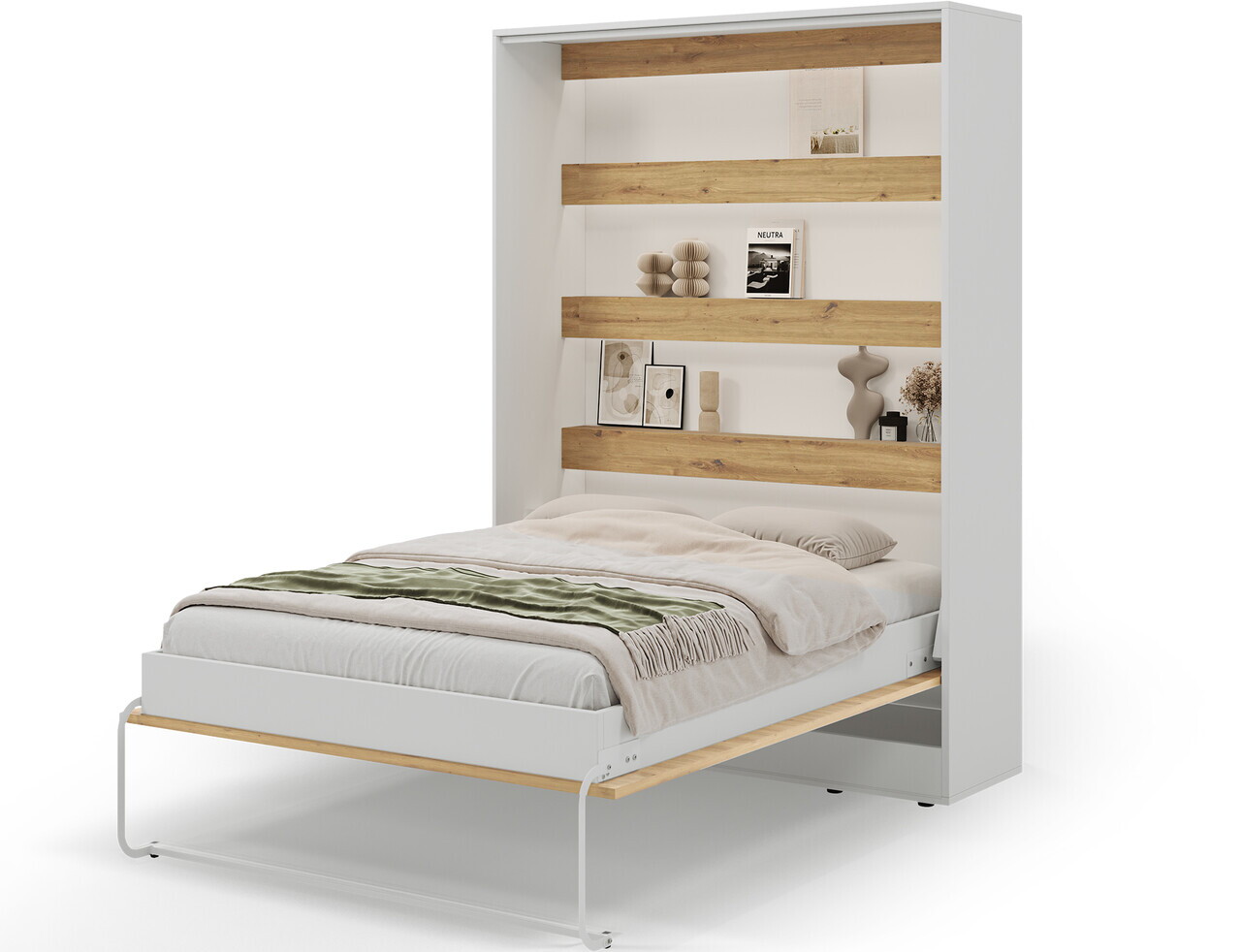 Pat rabatabil vertical cu biblioteca si iluminare LED, 140x200 cm, ELTAP, Devesto, PAL/metal, alb/natur - view 6
