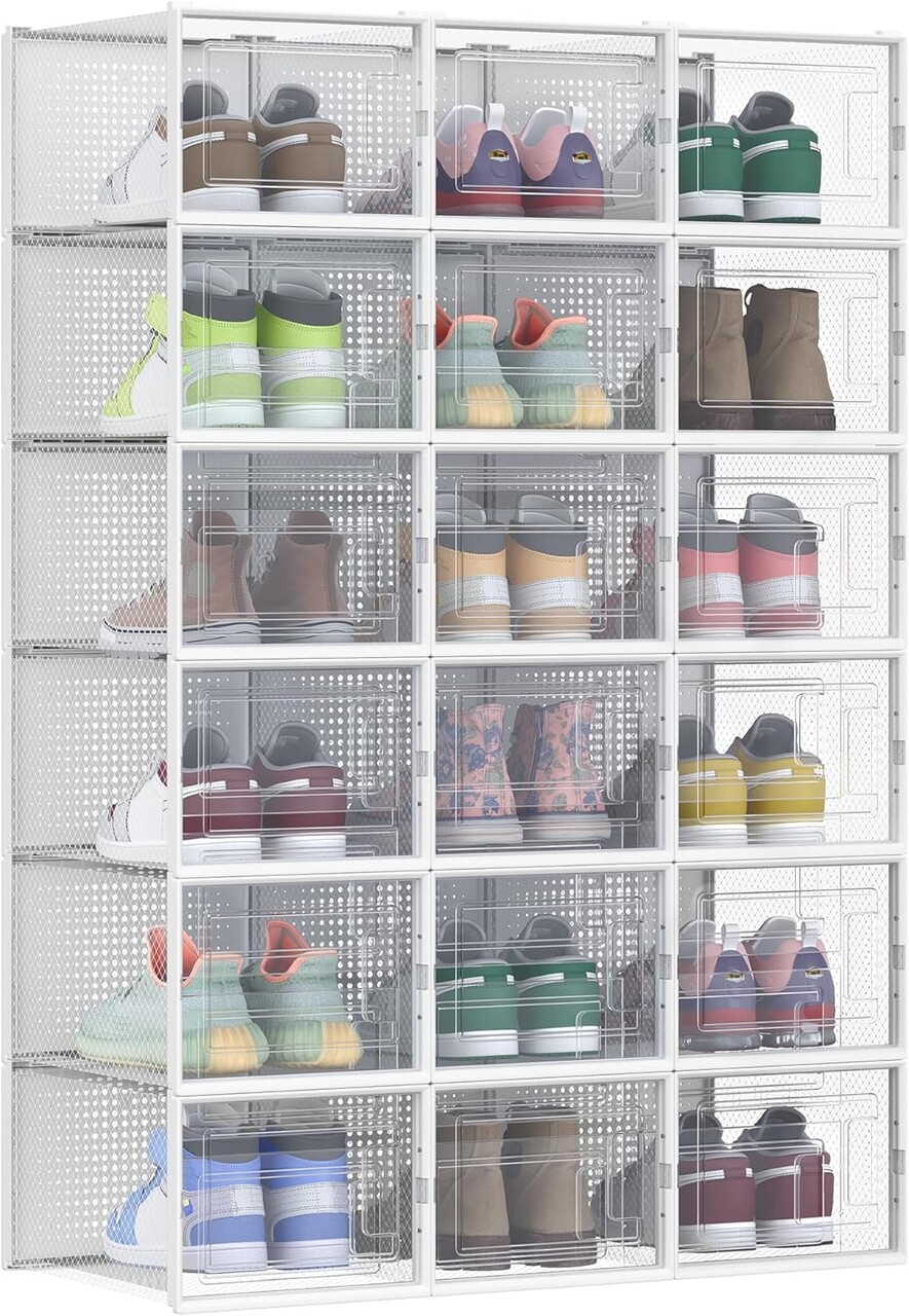 Set 18 cutii de pantofi, Songmics, 35x25x18.5 cm, polipropilena, transparent/alb