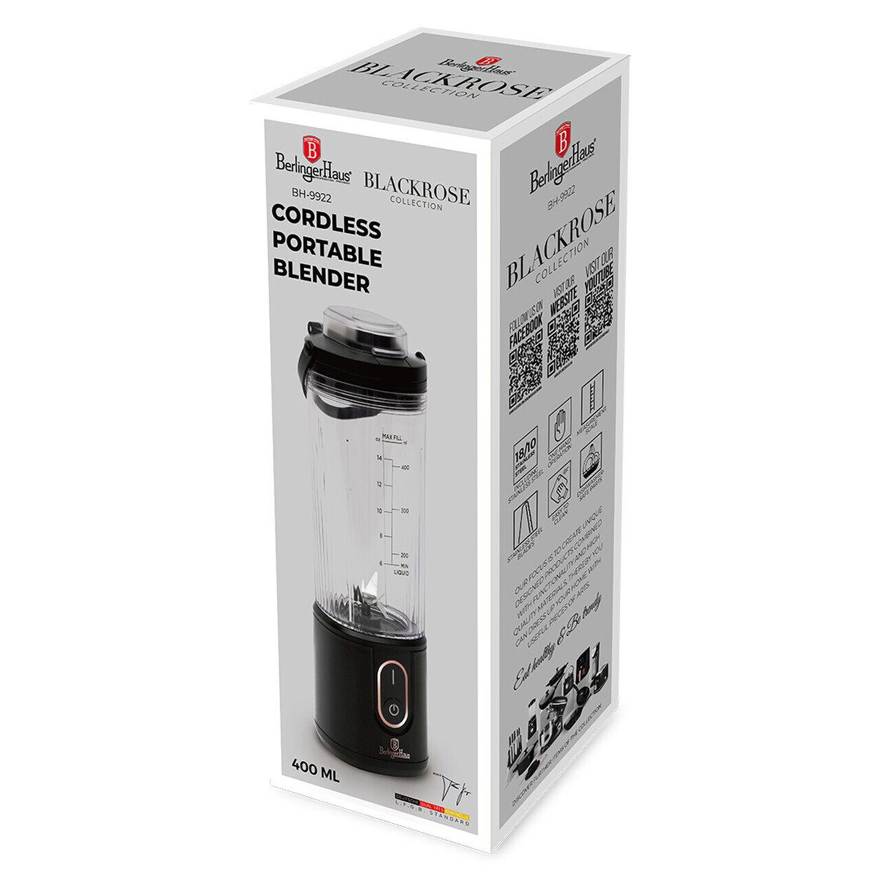 Blender portabil Berlinger Haus, Black Rose, 400 ml, 110W, 9x27.2 cm, inox/plastic, negru/transparent - view 13