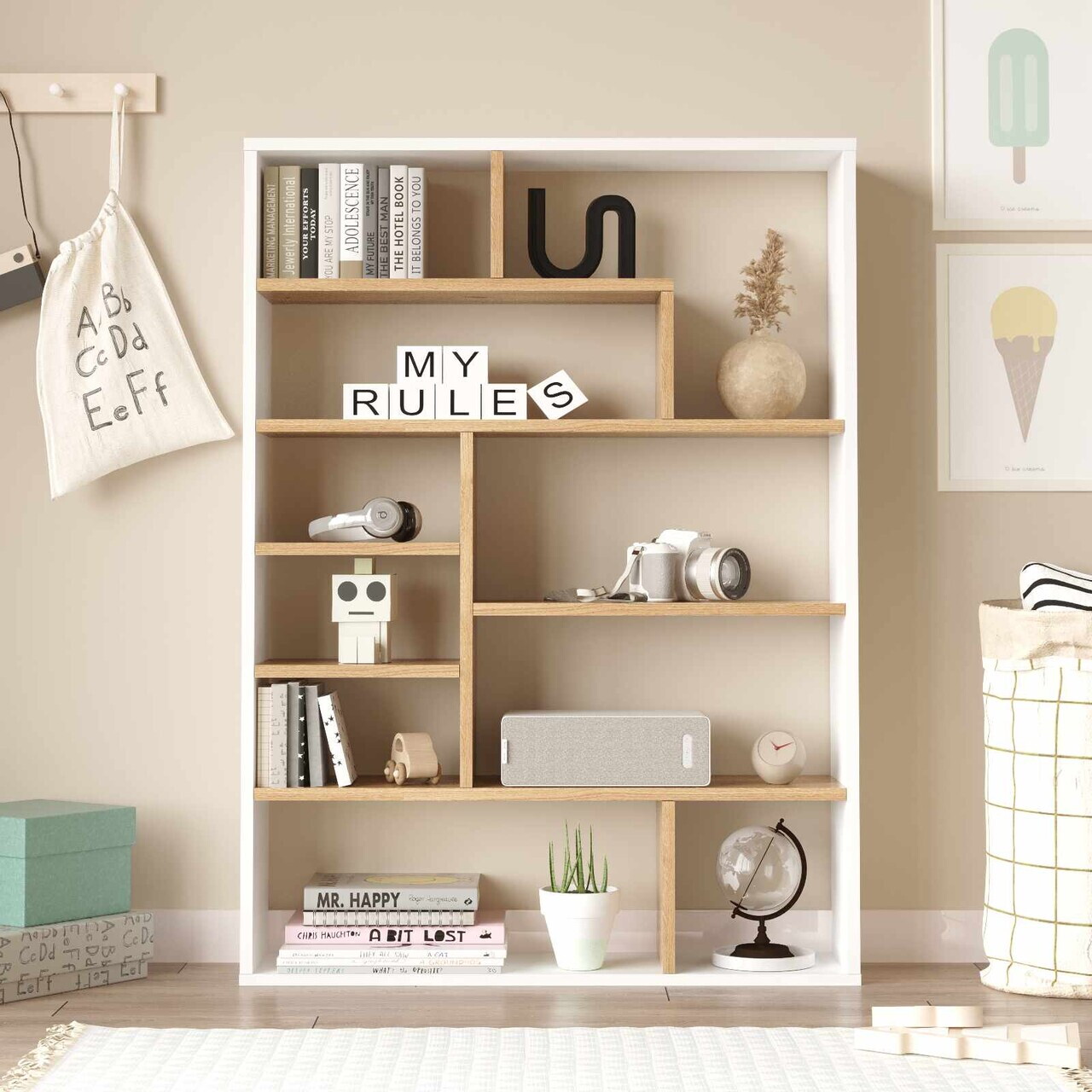 Corp biblioteca, Hanah Home, Kee1-Sw, 90x123.6x22 cm, PAL, Natural/Alb — imaginea 2