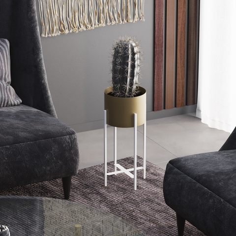 Ghiveci, GED-026-C, 23x48x23 cm, Metal, Alb/Auriu