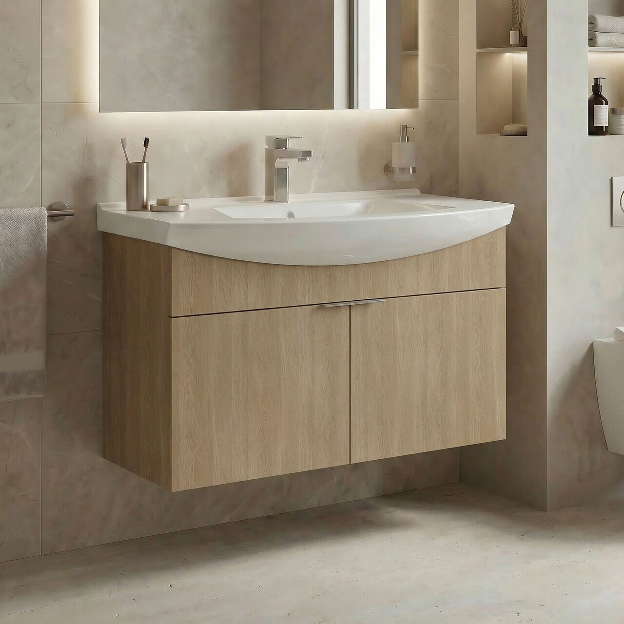 Dulap de baie cu chiuvetă, Hanah Home, Purus 100, Stejar Sonomo