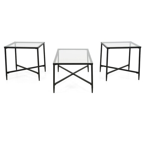 Set 3 masute de cafea, orione, l.122 l.61 h.48, metal/sticla, negru/transparent