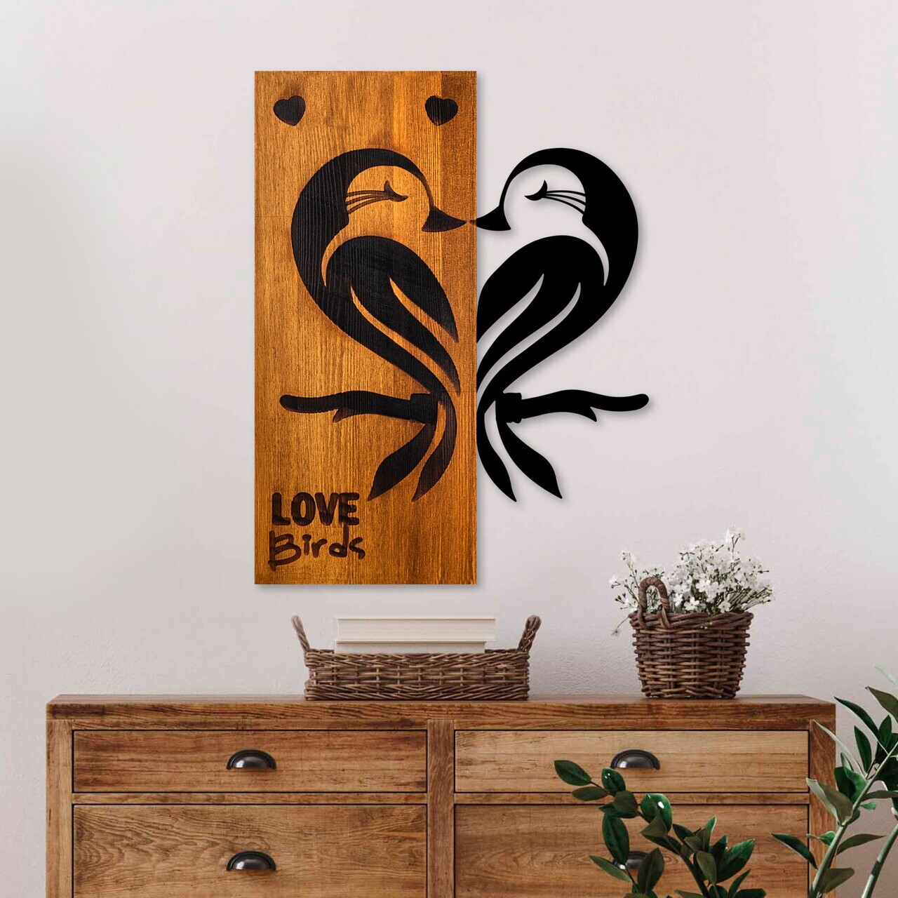 Decoratiune de perete, Love Birds 5, Lățime: 45 cm Înălțime: 58 cm Adâncime: 3 cm, Nuc / Negru