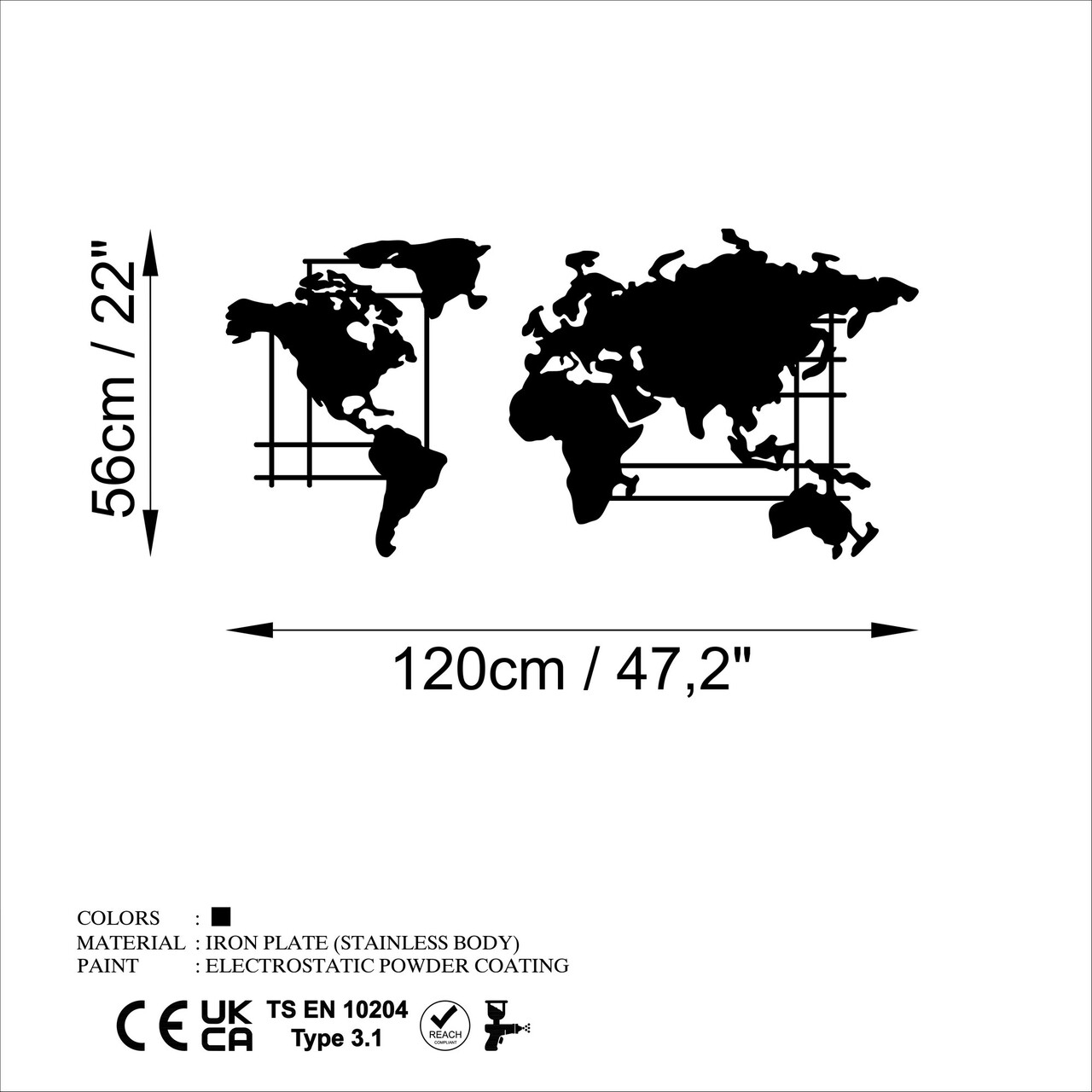 Decoratiune de perete, World Map, Dimensiune: 120 x 56 cm, Negru - view 6