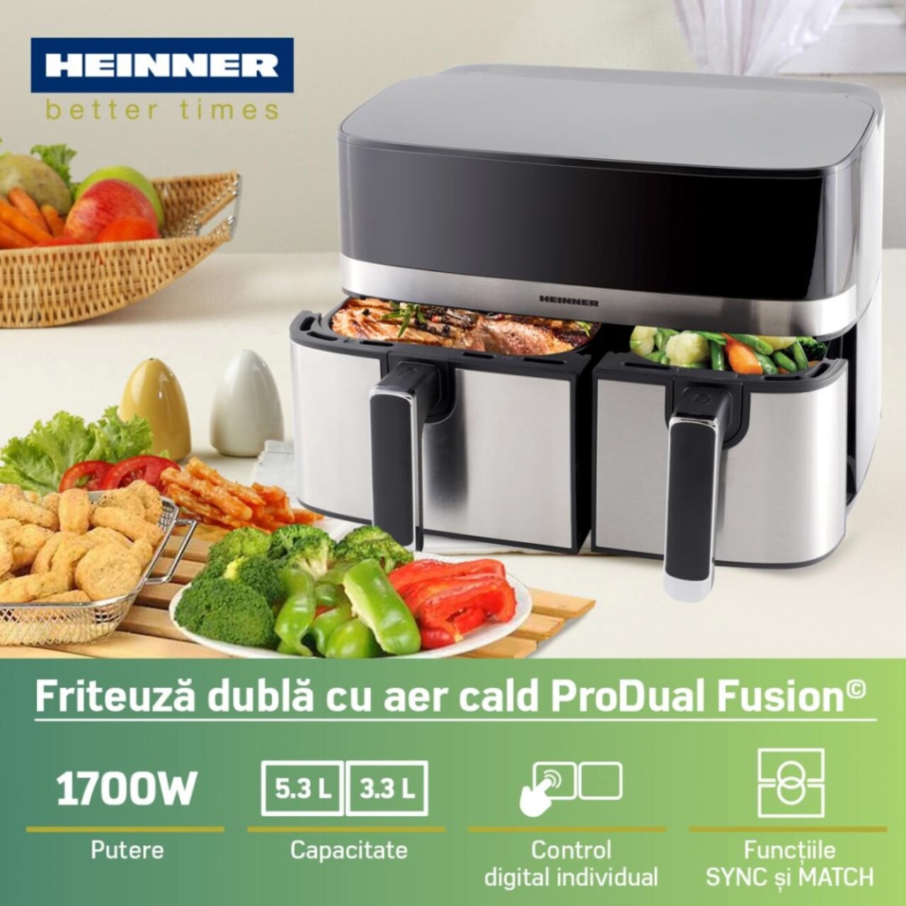 Friteuza dubla Produal Fushion, Heinner, 1700W, 9L, negru/argintiu