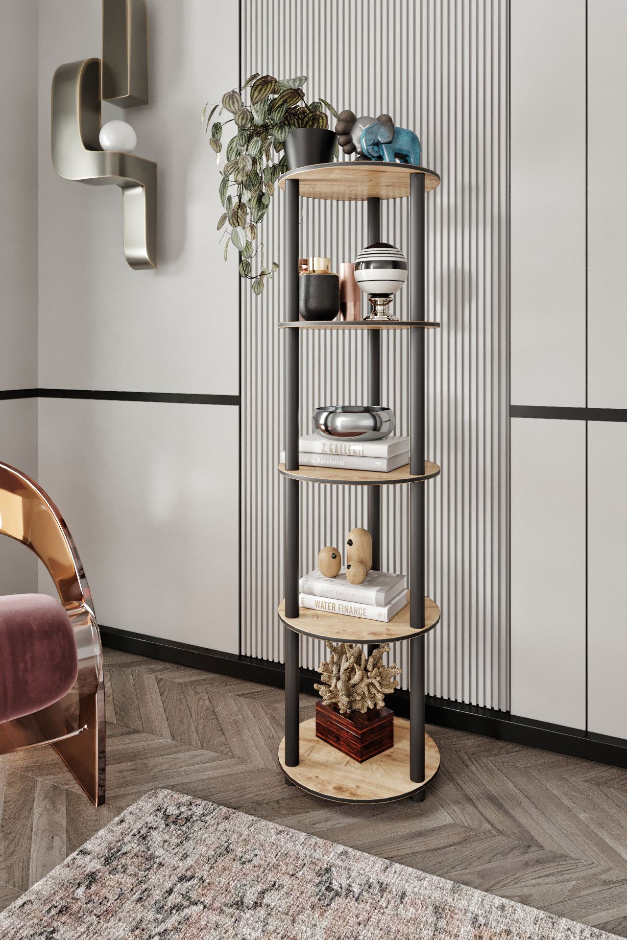 Corp biblioteca, Hanah Home, Bookcase 5 Tiers Round, 34x140x34 cm, MDF , Stejar