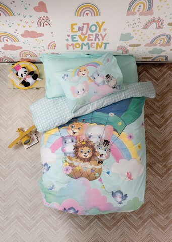 Lenjerie de pat pentru o persoana Young, 3 piese, 160x220 cm, 100% bumbac ranforce, Cotton Box, Cute Animals, menta