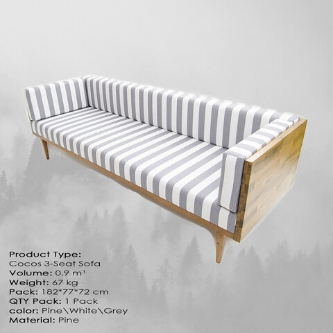 Canapea 3 locuri, Massive Design, Cocos Medium, 180x70x75 cm, Pin / Alb / Gri Massive Design