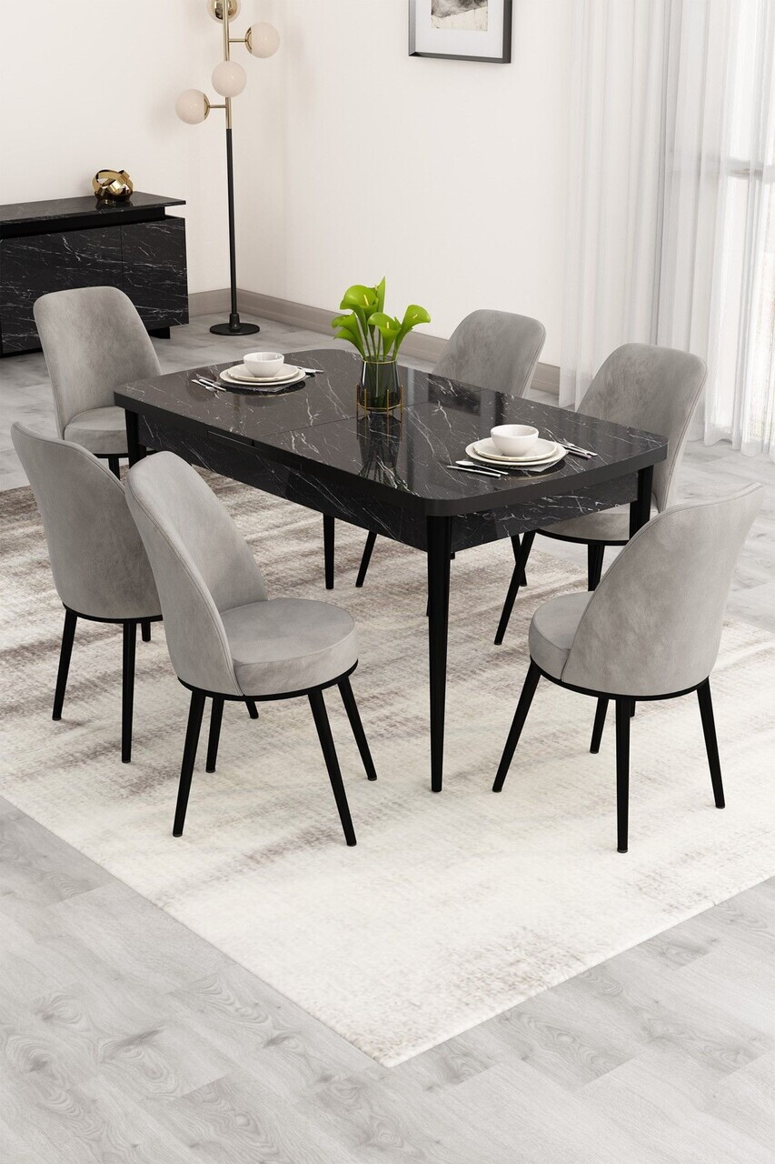 Set masa extensibila si scaune (7 piese), Hanah Home, Nix, Model de marmură neagră / Gri