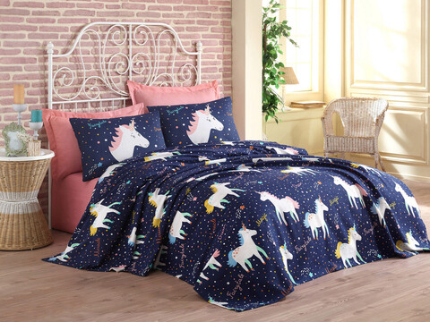 Set cuvertura pique dubla, magic unicorn - dark blue, eponj home, bumbac