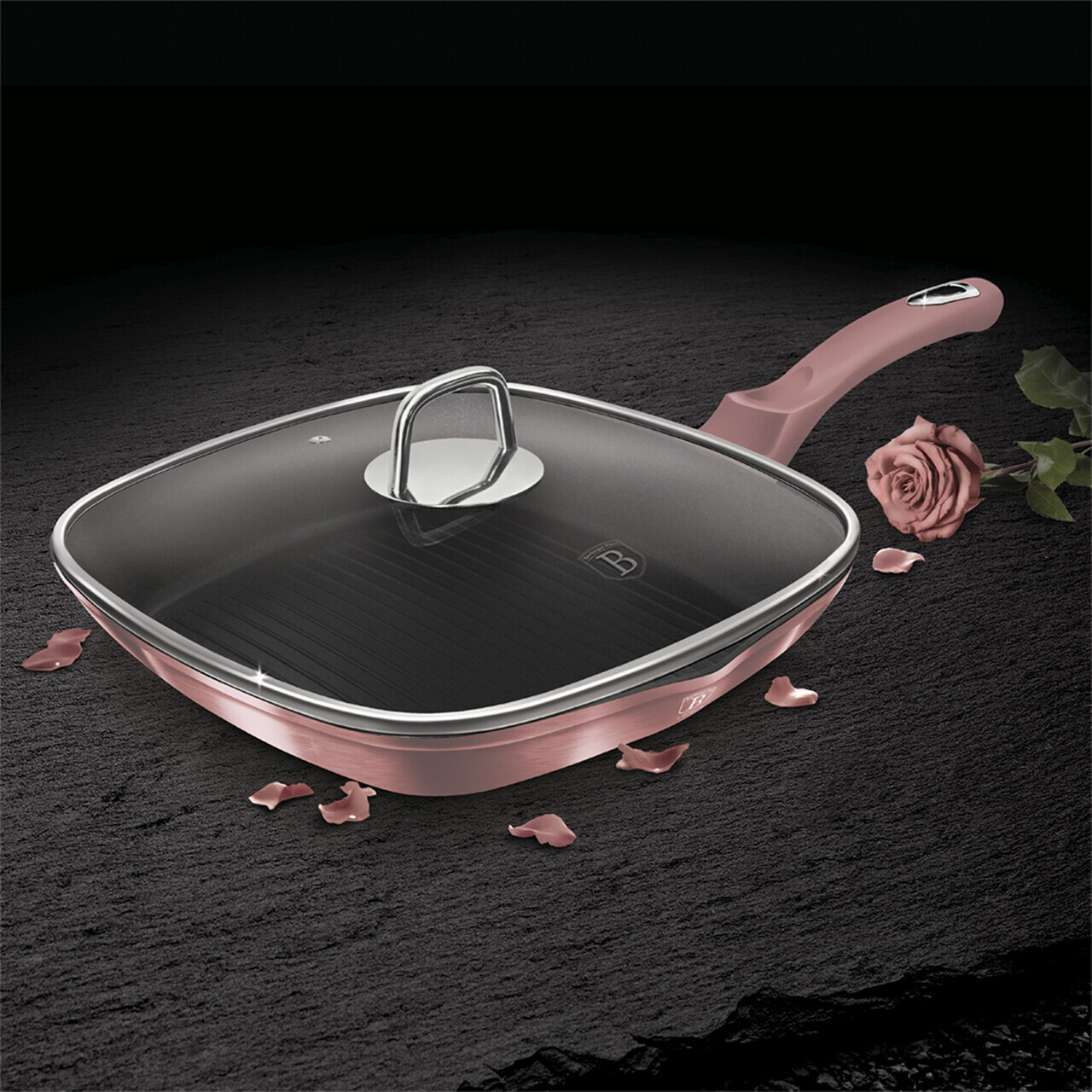 Tigaie grill cu capac Berlinger Haus, I-Rose, 28 cm, 2.1 L, aluminiu forjat, roz - imagine 3