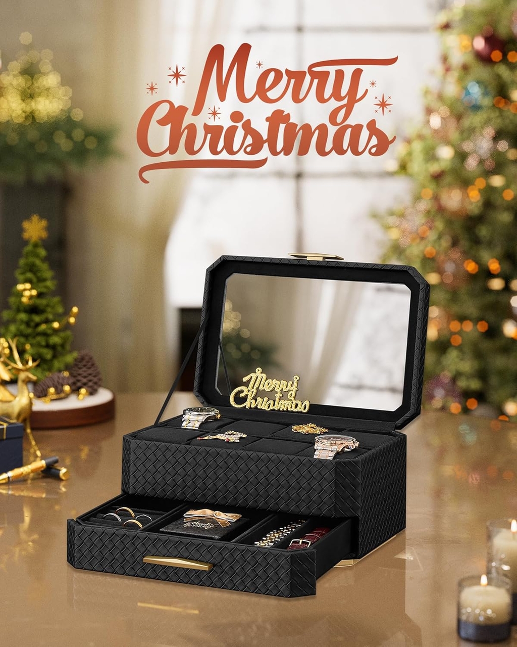 Cutie de ceasuri cu 2 niveluri si oglinda, Ronne, Songmics, 27.3x19.5x14.5 cm, 8 compartimente, piele ecologica/metal, negru