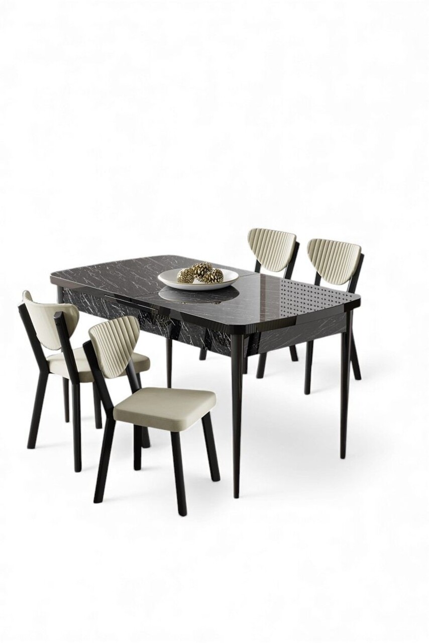 Set masa extensibila si scaune, Hanah Home, Exve, Marmură neagră / Crem - view 2