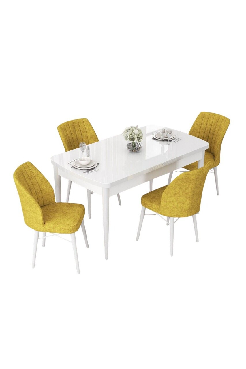 Set masa extensibila si scaune (5 piese), Hanah Home, Nef, Alb/Muștar — imaginea 2