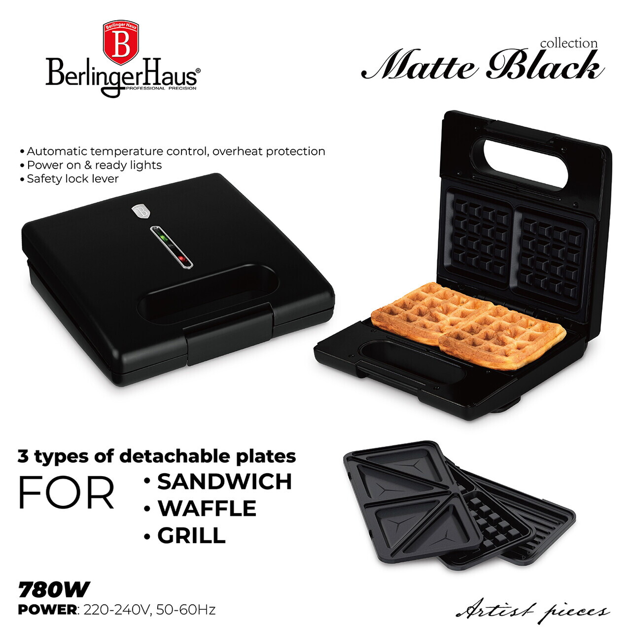 Sandwich maker 3 in 1 Berlinger Haus, Matte Black, 22.5x13 cm, aluminiu, negru mat - view 9