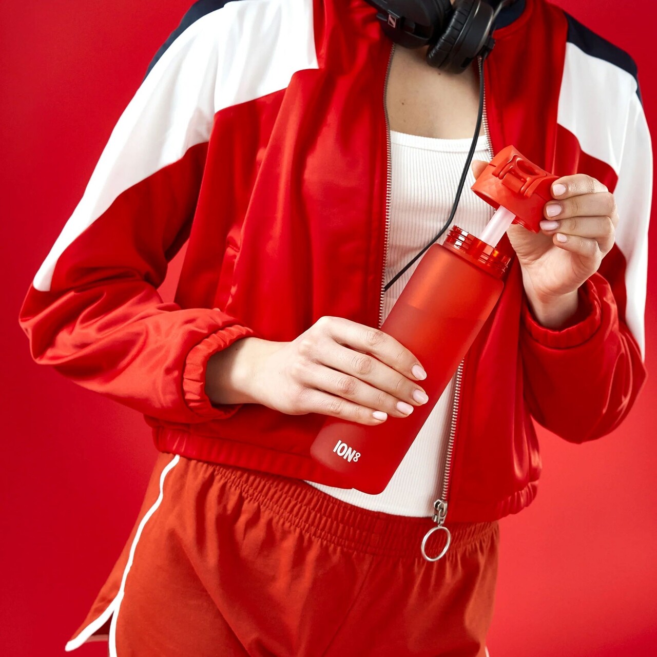 Sticla apa Slim, cu pai, recyclon, 500ml, Red - Ion8 - imagine 3