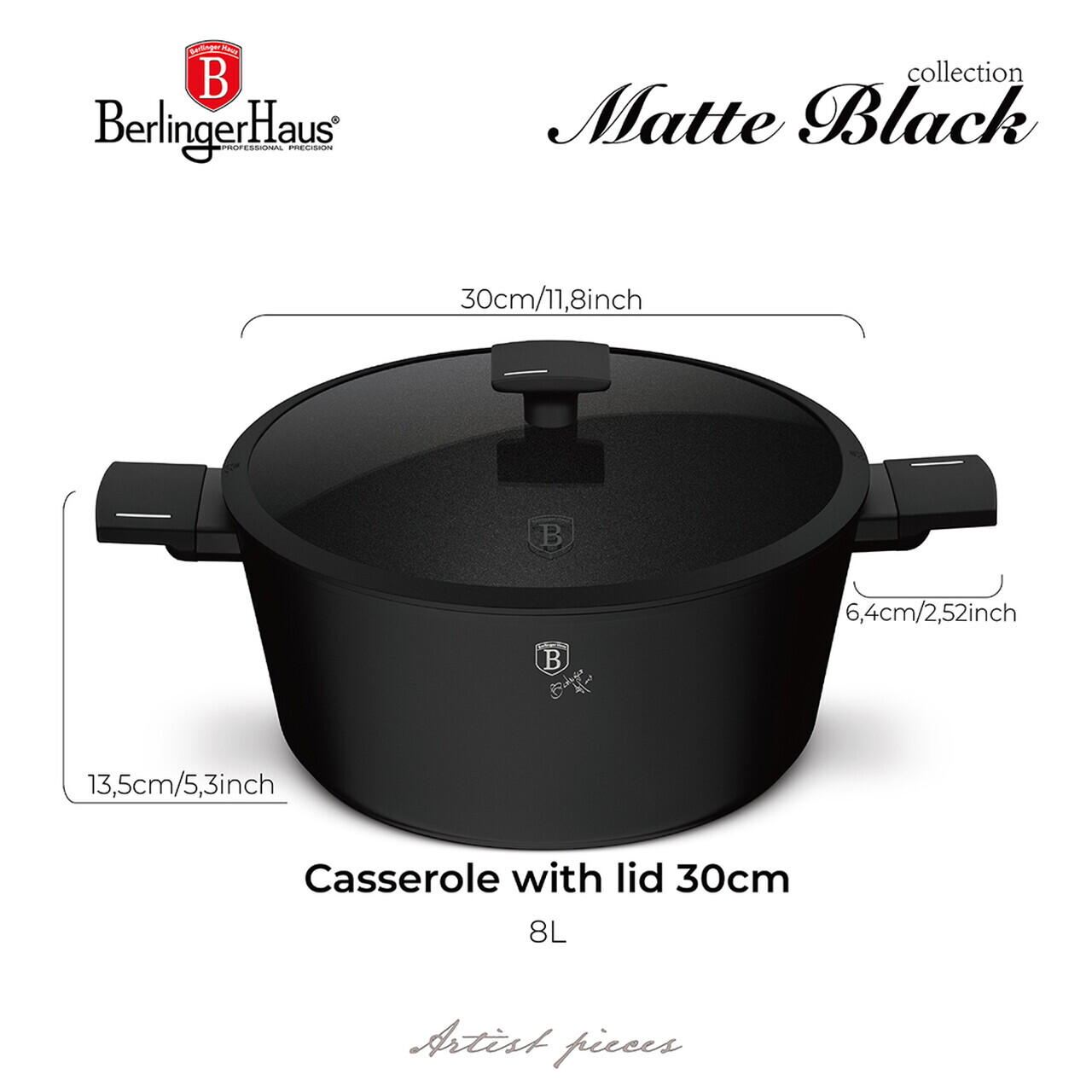 Oala cu capac Berlinger Haus, Matte Black, 30 cm, 8 L, aluminiu forjat, negru - imagine 7