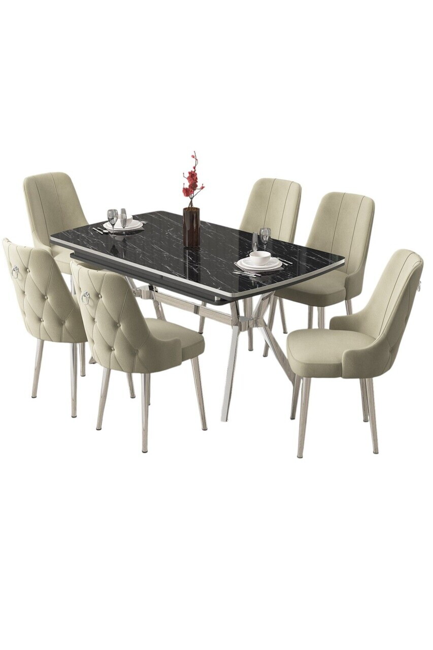 Set masa extensibila si scaune (7 piese), Hanah Home, Nis, Model de marmură neagră / Crom / Crem — imaginea 2