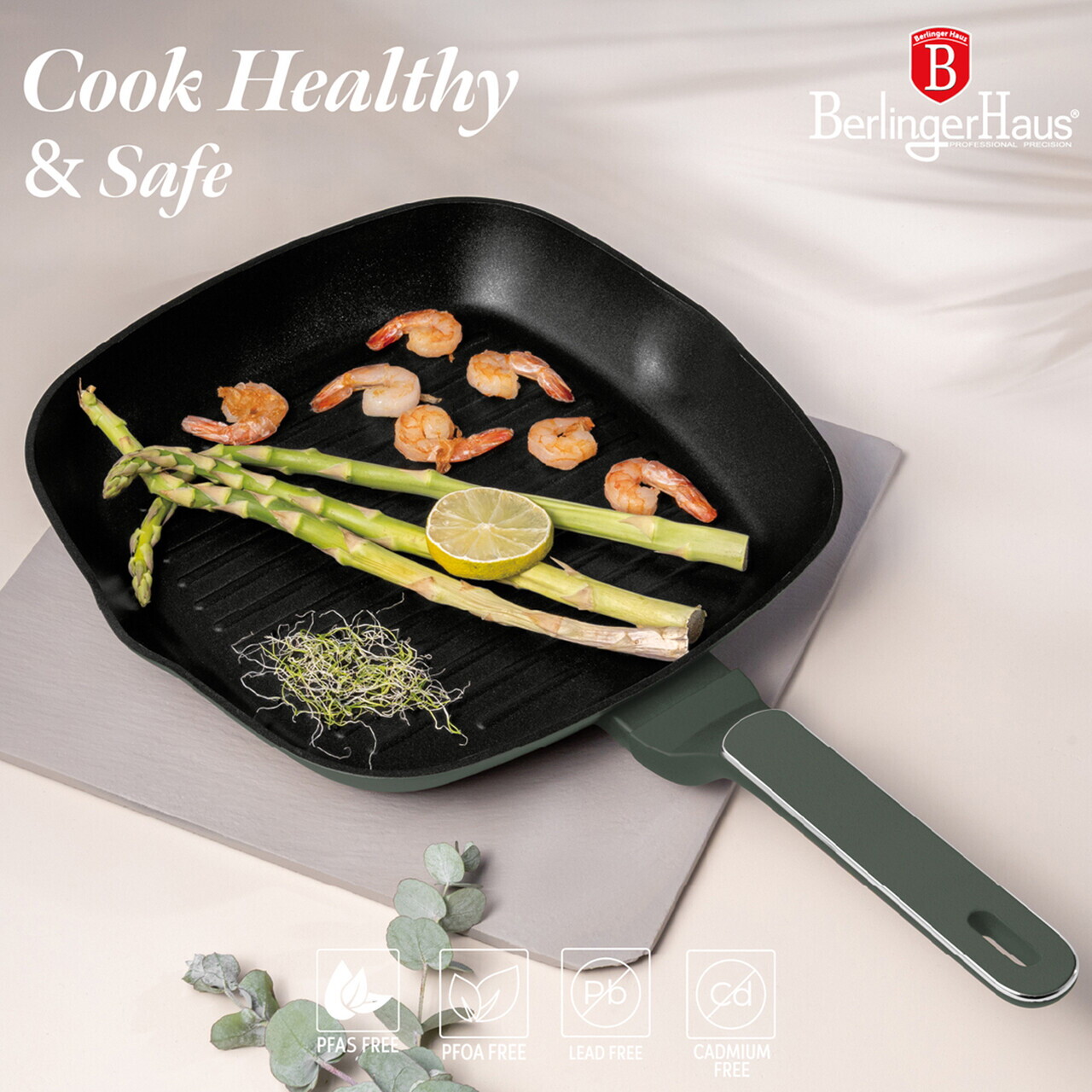 Tigaie grill Berlinger Haus, Matte Green, 28 cm, 2.1 L, aluminiu forjat, verde mat - imagine 7