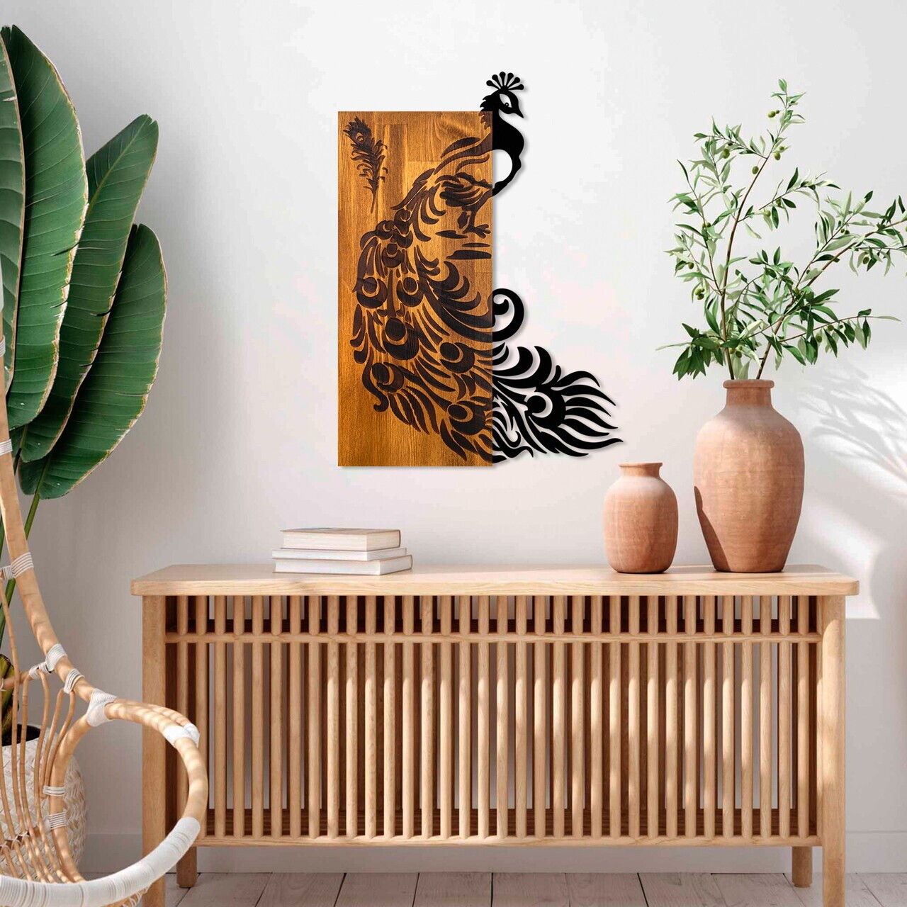Decoratiune de perete, Peacock, Lățime: 47 cm Înălțime: 65 cm Adâncime: 3 cm, Nuc / Negru — imaginea 3
