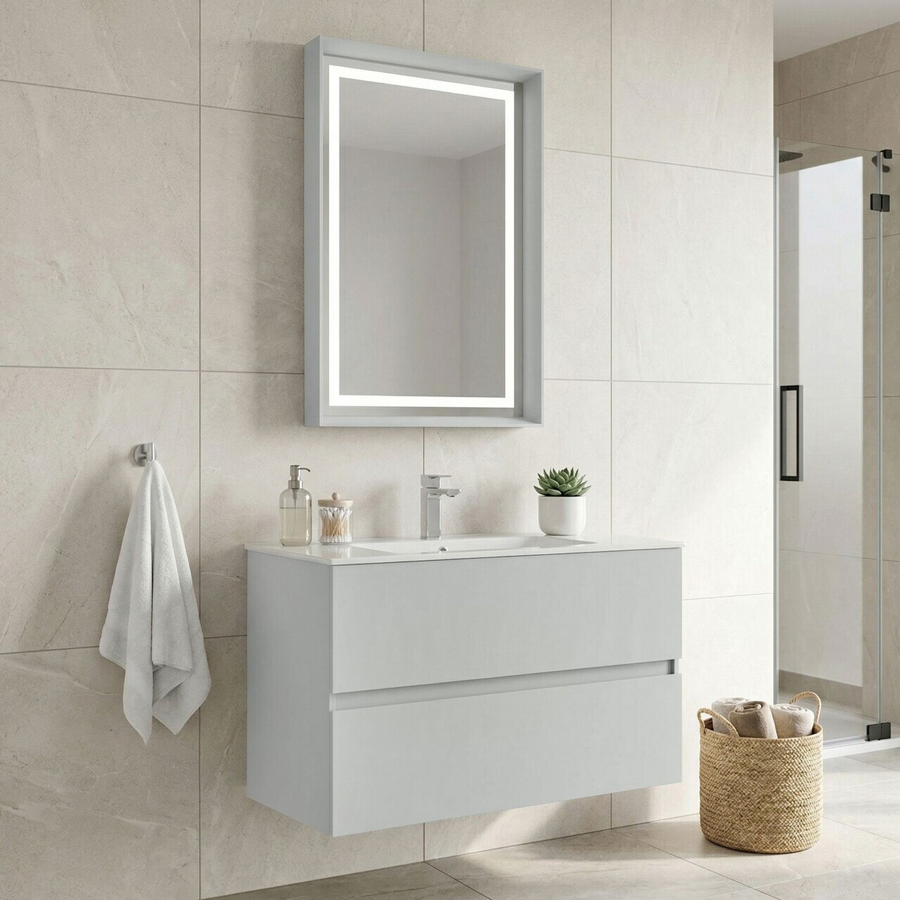 Set Dulap de Baie cu Chiuvetă și Oglindă (2 Piese), Hanah Home, Nest 91 v2, Cașmir mat
