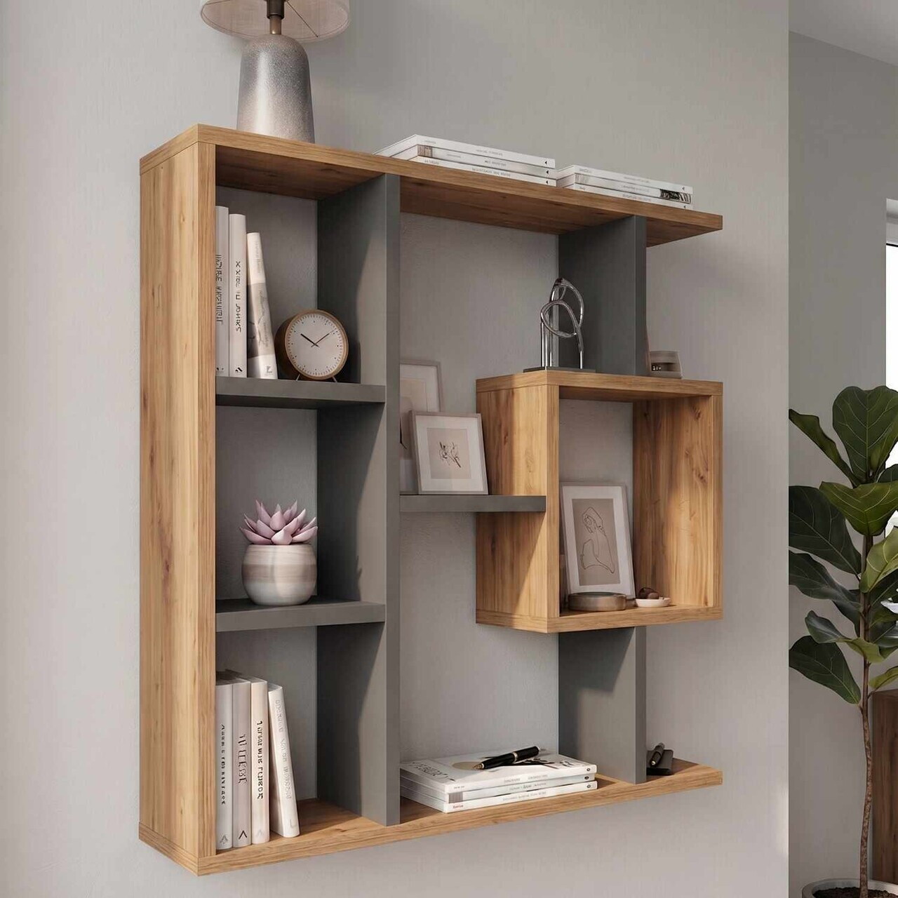 Corp biblioteca, Hanah Home, Yegane, 70.9x74.5x19.7 cm, Pin Atlantic / Antracit — imaginea 2